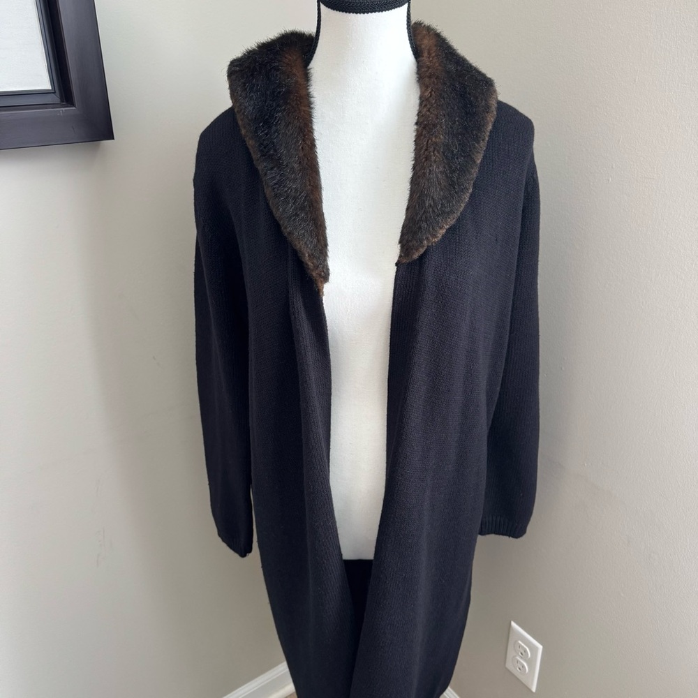 Fiorelli International Long Black Knit Cardigan With Faux Fur Collar Size S‎